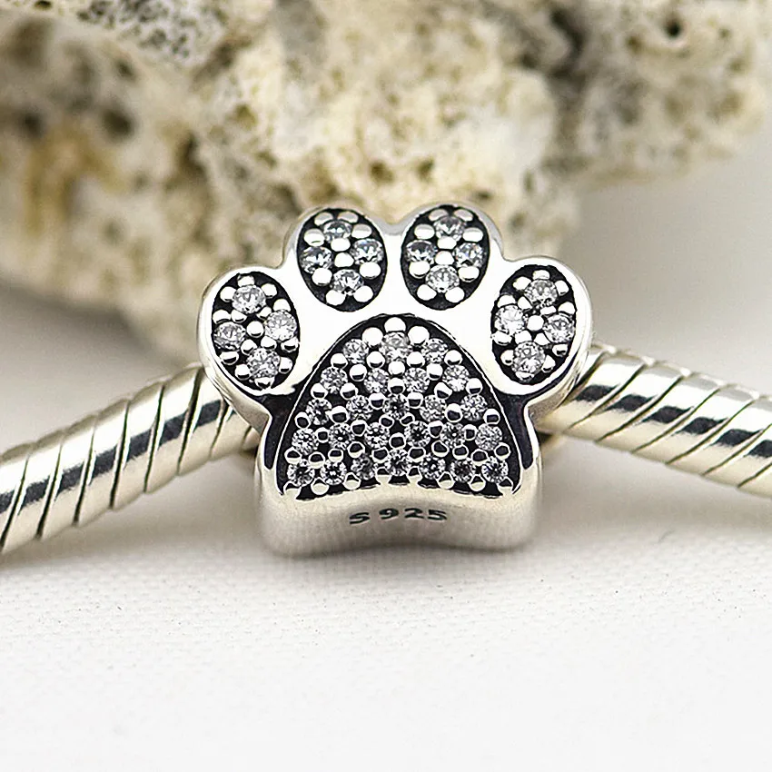 

Beads for Jewelry Making 100% 925 Sterling Silver Paw charm with Clear Cz Fit Bracelet Diy Fine Jewelry PF246