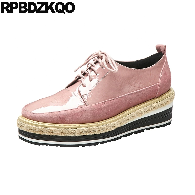 

women creepers designer shoes china square toe platform pink british style thick sole patent leather straw hemp wedge elevator