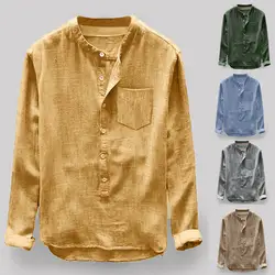 Плюс размер 4XL Туника Мужская s рубашка однотонная льняная Базовая Кнопка Повседневная льняная хлопковая рубашка с длинным рукавом рубашки