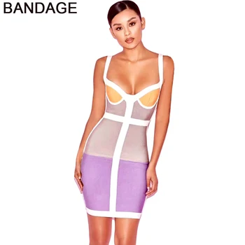 

Summer Cheap Women Short Outfits Premium Cocktail Party Sexy Fashion Purple Patchwork Strappy Bodycon Bandage Mini Lady Dresses
