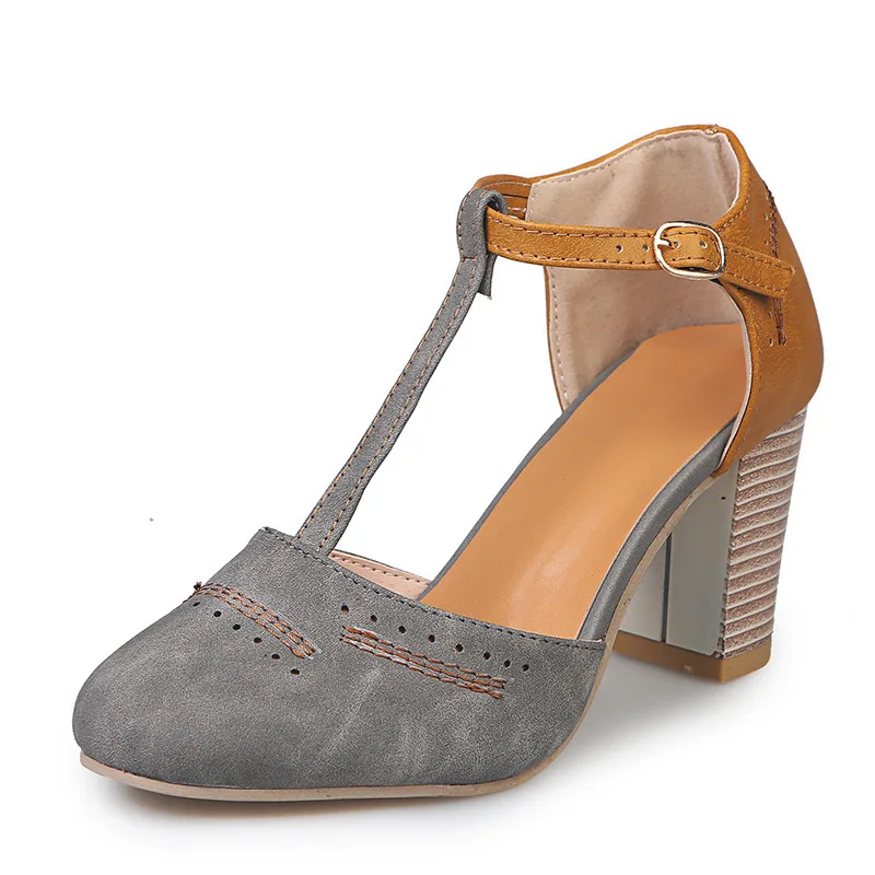 HEFLASHOR/летние женские туфли-лодочки; туфли на высоком квадратном каблуке; женские свадебные модельные туфли на платформе с круглым носком и Т-образным ремешком на квадратном каблуке - Цвет: Серый