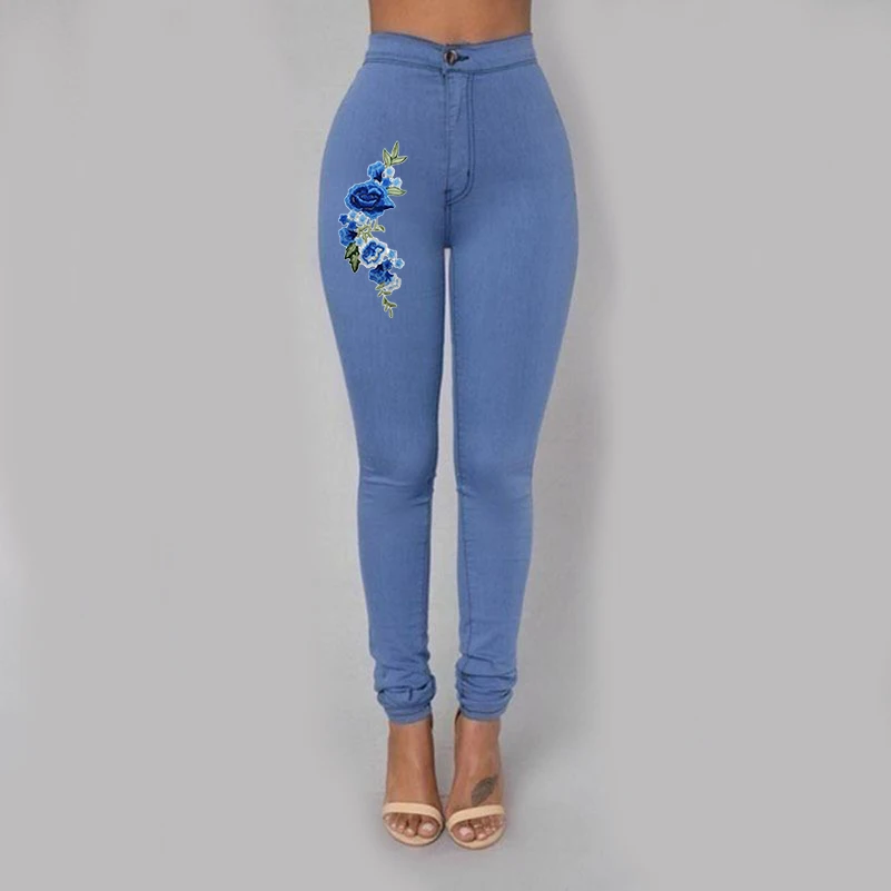 Большие размеры обтягивающие джинсы Цветочные женские с высокой талией Зимние брюки тонкие пуш-ап однотонные брюки облегающие штаны-карандаш женские