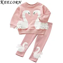 Keelorn/комплекты одежды для девочек г. Осенняя Модная стильная детская одежда Толстовка с кружевом и рисунком лебедя+ штаны, комплект из 2 предметов, детская одежда