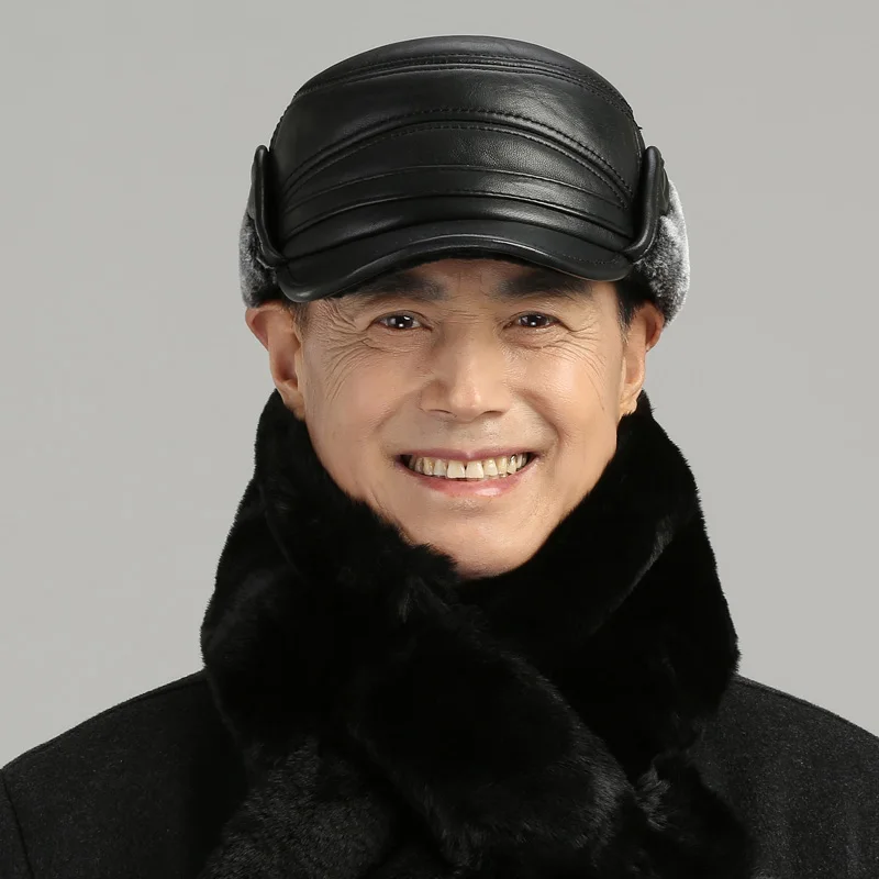 Шляпа для пожилых мужчин среднего возраста, зимняя шапка из овчины с защитой ушей для папы, дедушки, шапки из натуральной кожи с козырьком, теплый шарф H7142