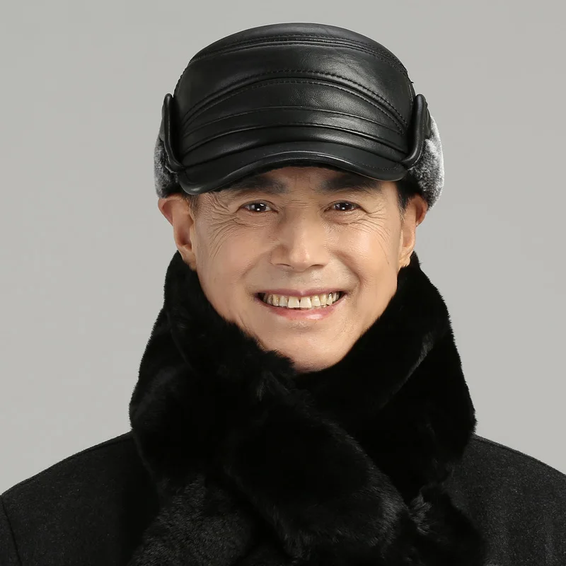Old Man Hat Old Middle Age Men Winter Sheepskin Ear Protection Cap Dad Grandpa Genuine Leather Visor Hats Warm Scarf H7142