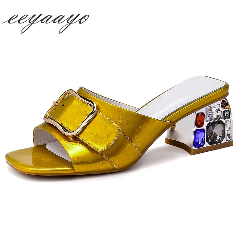 2019 г. новые туфли из натуральной кожи летние дамские слипперы Высокая квадратный каблук Кристалл Модные женские туфли желтый снаружи