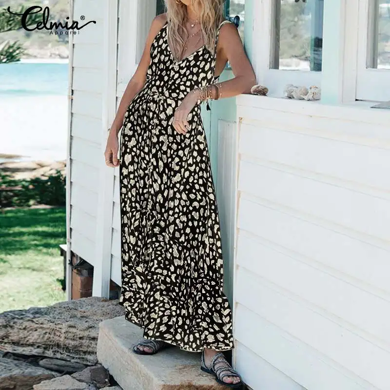 Sexy Long Dress Women 2019 Celmia Summer Sexy Straps Sleeveless Maxi Dress Casual Leopard Print Ruffles Party Vestidos Plus Size Sexy Long Dress Women 2019 Celmia Summer Sexy Straps Sleeveless Maxi Dress Casual Leopard Print Ruffles Party Vestidos Plus Size