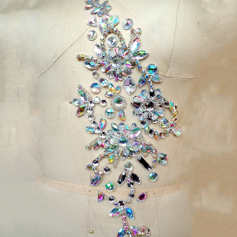 

1Piece Bling Bling Rhinestone Applique AB Sew On Crystals Lace Applique For Clothing Dress