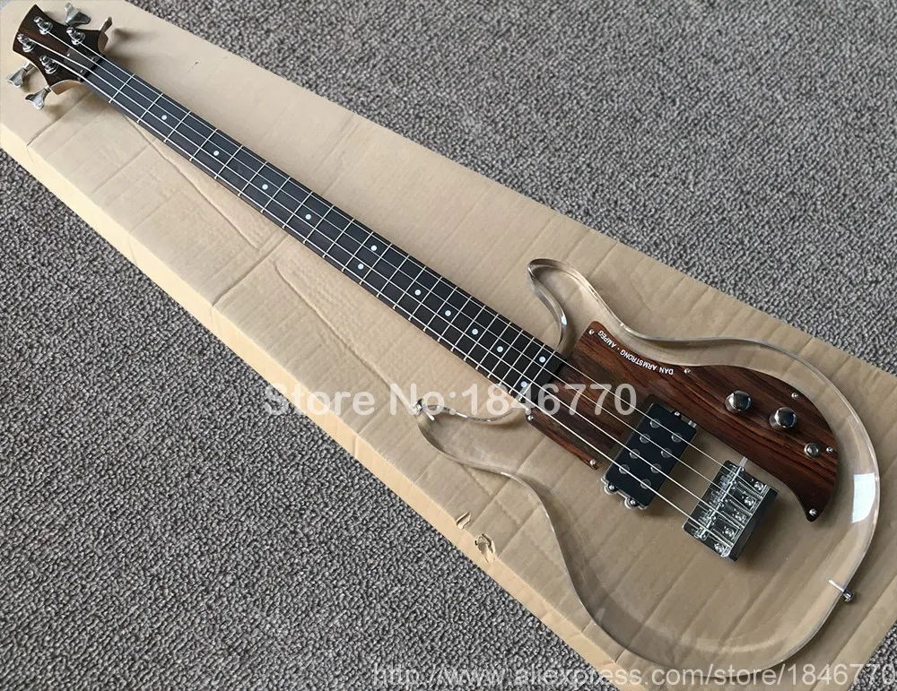Acrylic body Electric Bass Guitar with Wood pickguard, 4 string Bass