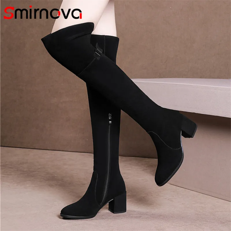 

Smirnova high quality long boots ladies 2020 popular high heels cow suede leather boots over the knee boots zipper shoes woman