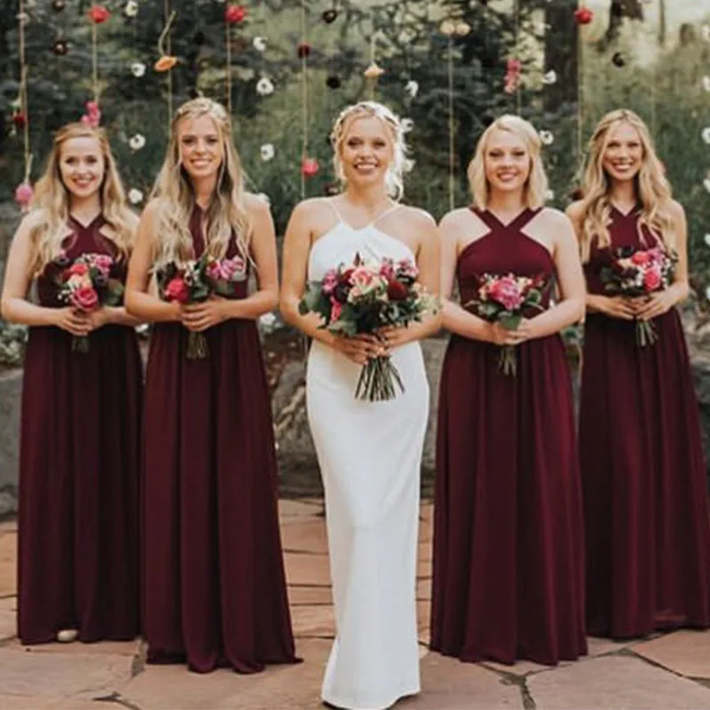 Lamiabridal простые бордовые шифоновые платья подружки невесты с бретельками на шее длинные официальные платья для вечеринок Дешевые платья