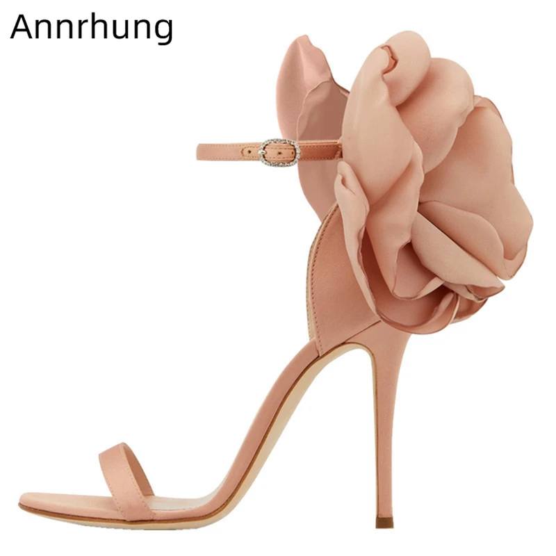 

2019 New Arrival Peony Flower Decor Solid High Heel Sandals Women Open Toe Thin Ankle Strap Stilettos Wedding Shoes For Women