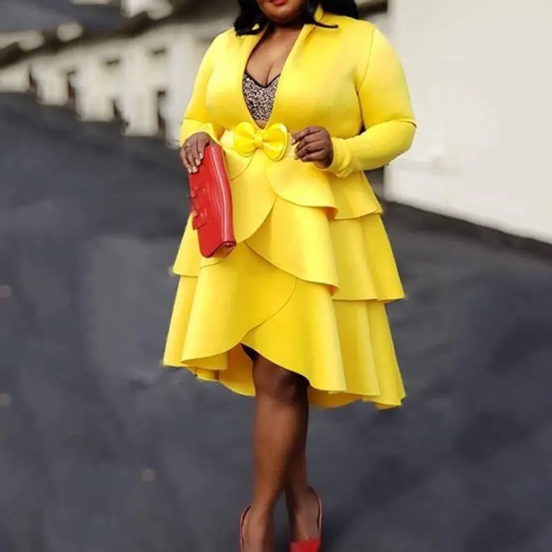 

Yellow Vintage Sexy Club Plus Size Party Summer Women Midi Layered Dresses Plain Falbala Office Ladies African Female Dress 2019