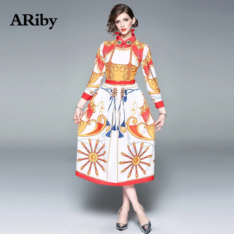 

Women Dress Long Maxi Dress 2019 Spring Fashion Vintage Temperament Printed Lapel Slimming Nine-sleeved Mid-Calf A-Line Dresses