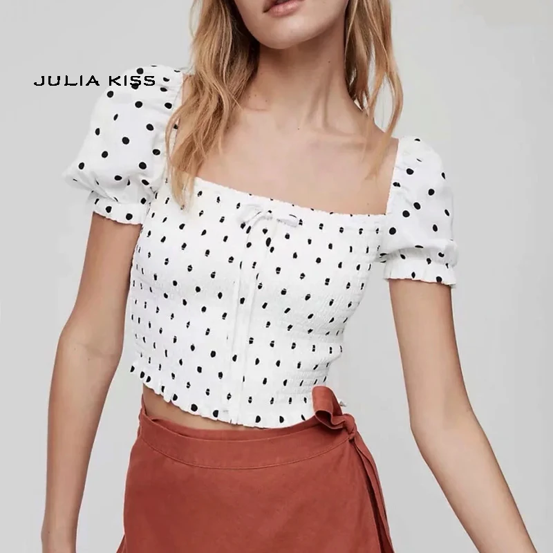 

Women Petite Polka Dot Shirred Top With Puff Sleeve