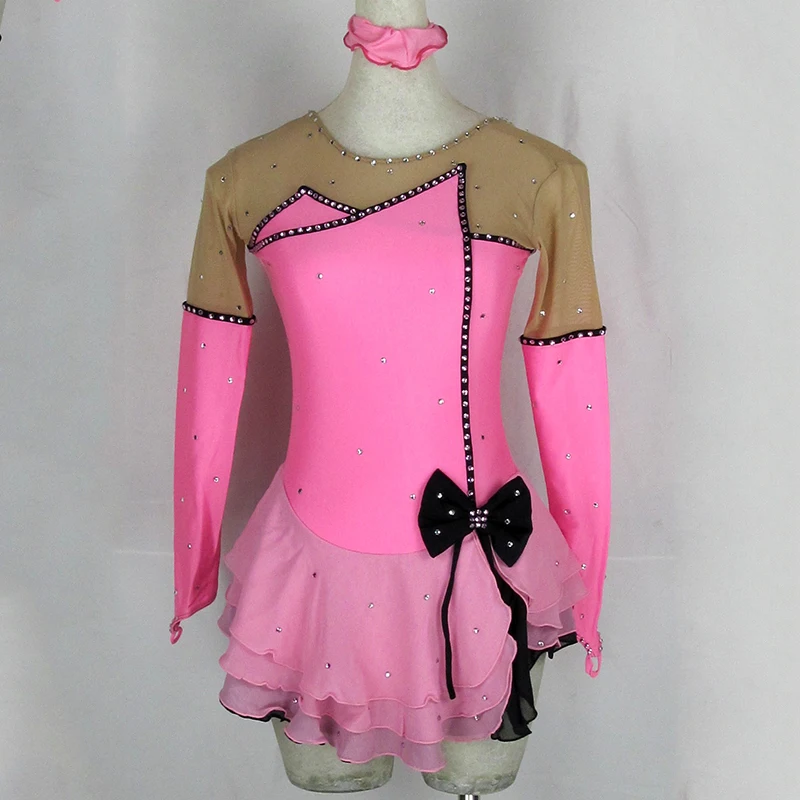 Индивидуальные костюм Ice фигура скейтера катание платье гимнастика для взрослых детская юбка для девочек конкурс горный хрусталь розовый