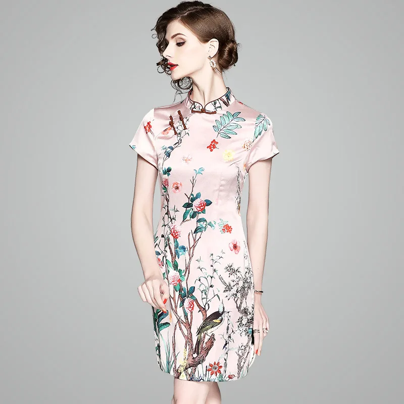 

women summer floral dress short sleeve stand collar slim chinese stylish Cheongsam pink dress elegantly quality
