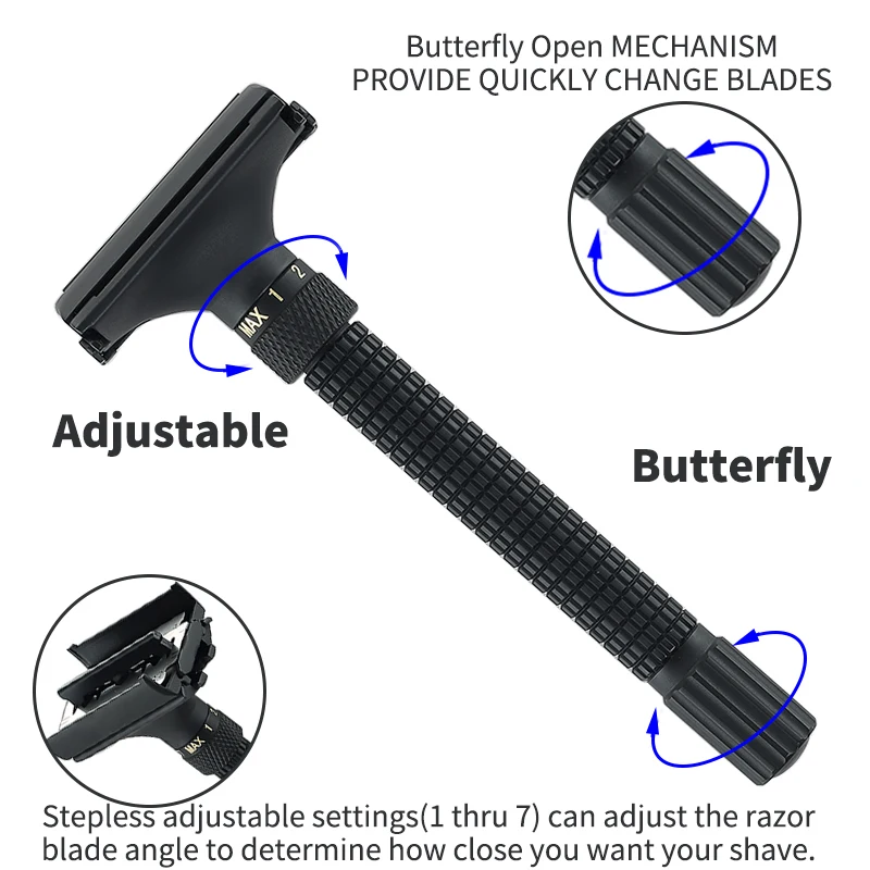 Новинка, 7 напильников, регулируемая, с бабочкой, открытая, Мужская бритва, двойной край, безопасная бритва, матовая, черная, Классическая бритва, от WEISHI