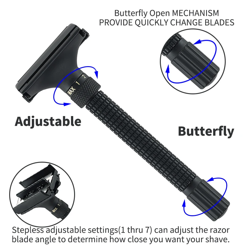 Ceny Nowy 7 plików regulowany motyl otwarta golarka męska maszynka do golenia na żyletki o dwóch ostrzach Matte BLACK Classic Razors