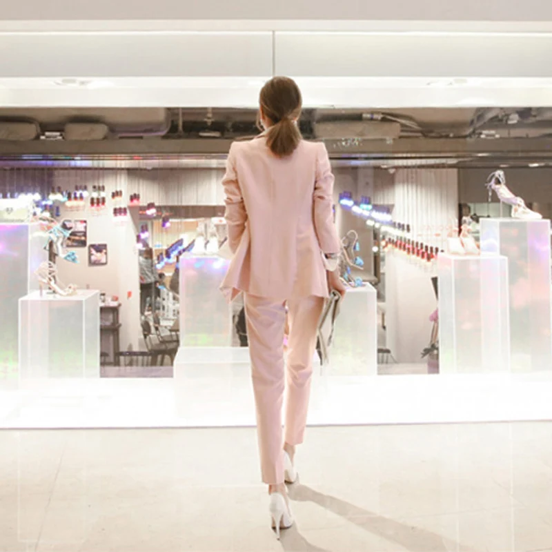BGTEEVER модный розовый комплект из 2 предметов для женщин, брючный костюм, блейзер на одной пуговице и брюки с высокой талией, Повседневная рабочая одежда
