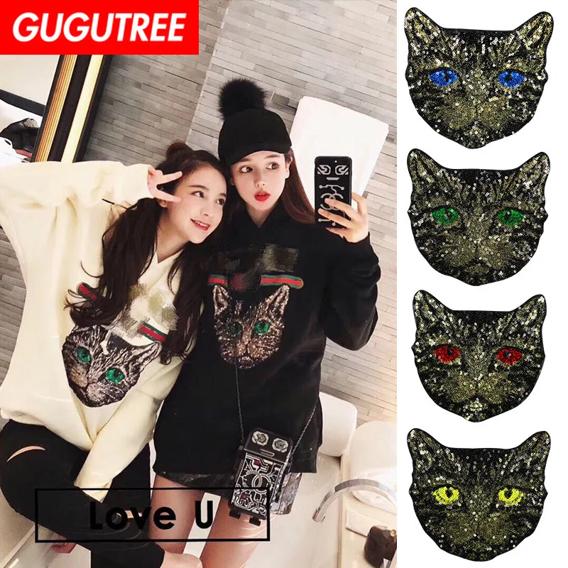 

GUGUTREE embroidery Sequins big cats patches animal patches badges applique patches for clothing XC-235