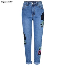 YiQuanYiMei Мода цветок вышивка джинсы женщина Винтаж рваные Штаны карманы Прямые Джинсы женские низ женщина джинсовые брюки