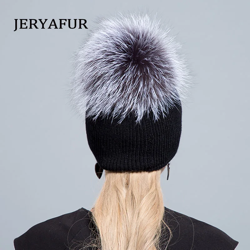 JERYAFUR, зимняя женская лыжная шапка,, стильная русская шерсть, лиса, Модная Кожаная шапка, вязаная, с ушками, защитная, двухэтажная шапка