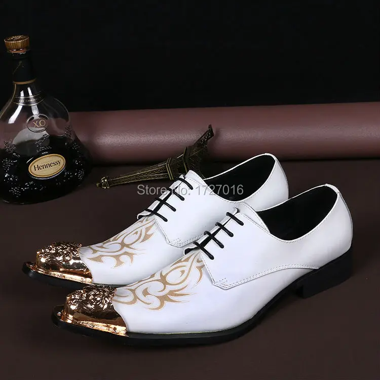 

Top Leather Men Formal Oxfords Shoes Metal Pointed Toe Dress Flats Printing Wedding Shoes British Zapatos Hombre Fashion Creeper