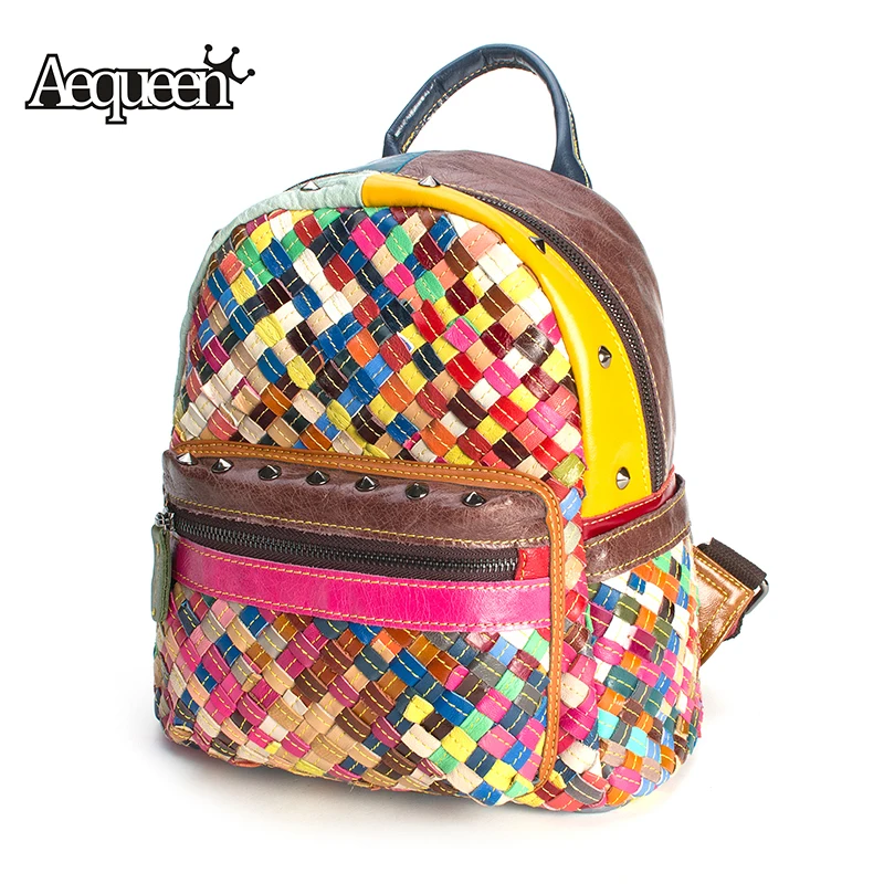

AEQUEEN Weaving Backpacks Rivet Backpack Colorful Leather Women Backpack Patchwork Genuine Leather Shoulder SchoolBag Daypack