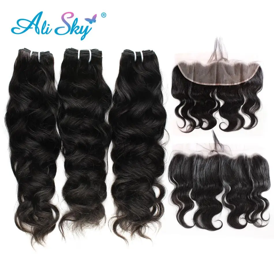 Ali Sky Hair Brazilian Natural Wave With Closure 3 Bundles With 13*4 Free Part Ear to Ear Lace Frontal Pre-colored non-Remy Hair Ali Sky Hair Brazilian Natural Wave With Closure 3 Bundles With 13*4 Free Part Ear to Ear Lace Frontal Pre-colored non-Remy Hair