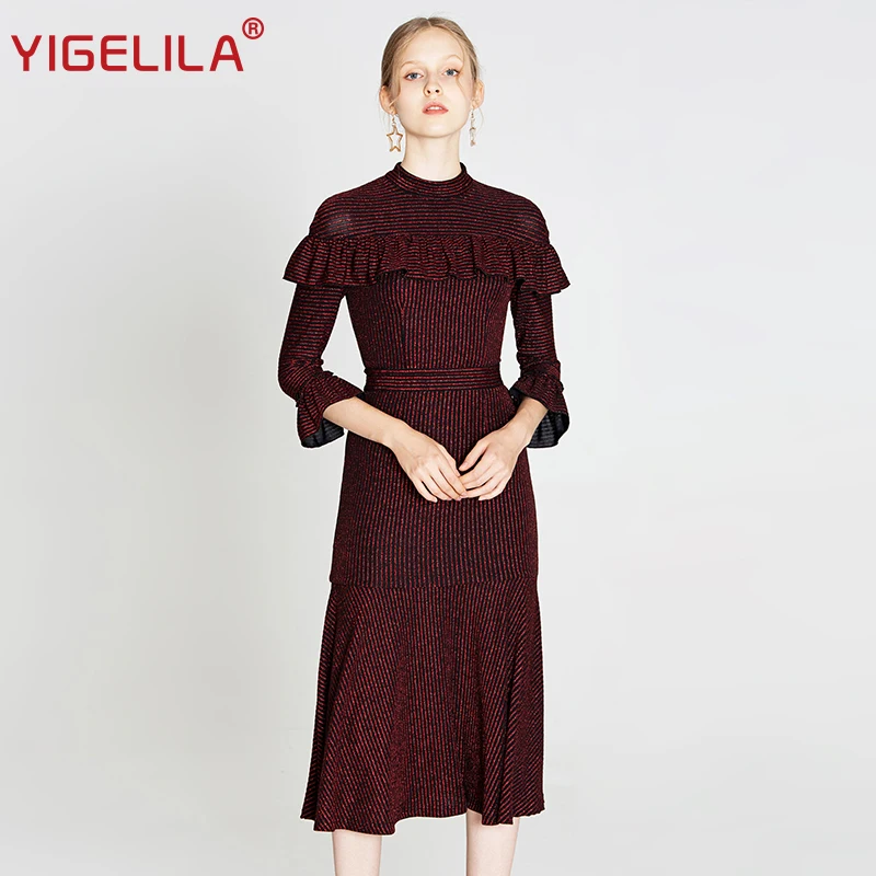 Женское платье до середины икры YIGELILA облегающее бальное в полоску с круглым