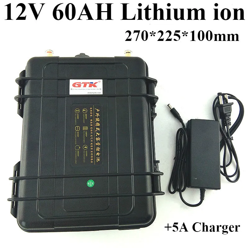 

Portable Lithium 12V 60AH + ABS Waterproof case 5A Charger 2 USB ports 18650 12V for Xenon light Inverter Underwater thrower LED