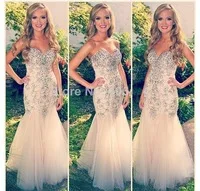 New Fashion Vestidos de Festa Sweetheart Tulle Mermaid Prom Dresses Beaded With Rhinestone Sexy Evening Dress 2014 Real Picture