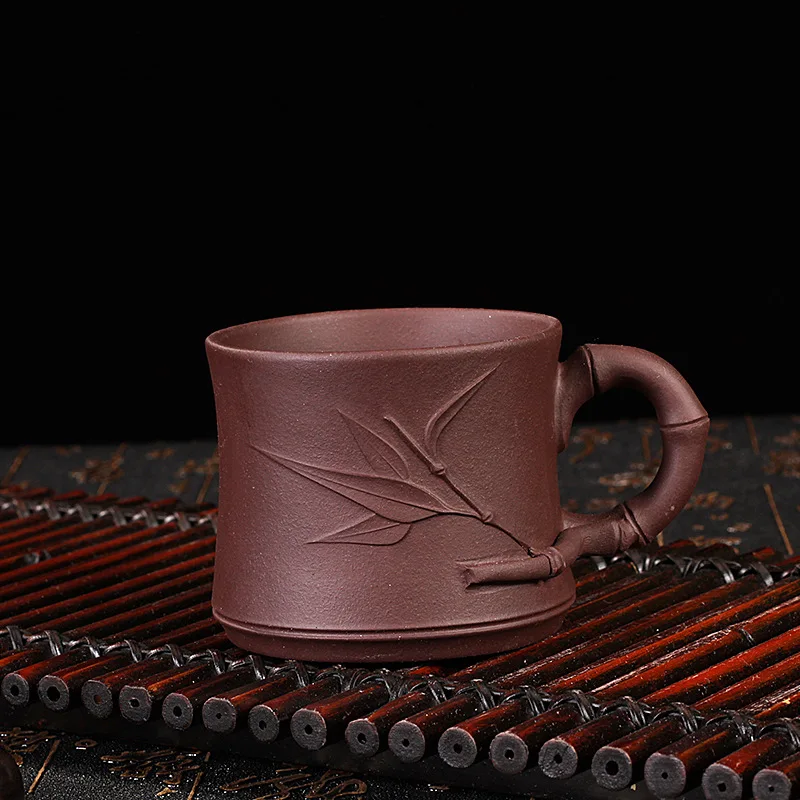 

90ML Yixing Authentic Purple Clay Puer Tea Cups Handwork Embossed Leaves Pattern Raw Ore Zisha Handgrip Teacup Art Teaware Gifts