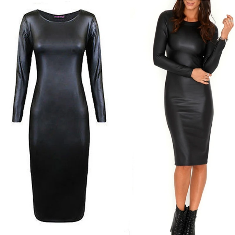 

Womens Black Latex Bodycon Faux Leather Nightwear Sexy Latex Bondage Sexy pole dancing Clubwear Dress
