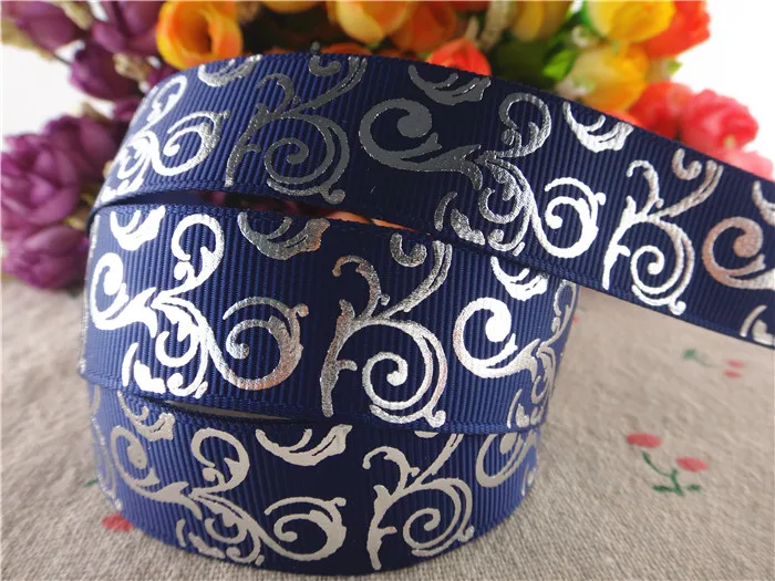 7/8" (22mm) 10 yards glitter silver foil flowers printed grosgrain ribbons DIY handmade materials SD1127 ribbon decoration ribbon supplies grosgrain ribbon