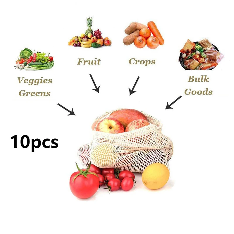 10 Pcs Reusable Vegetable Bags Popular Cotton Fruit And Vegetable With Drawstring Home Kitchen Storage Breathable Mesh Bags