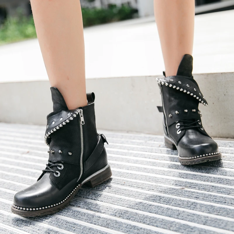 Véritable D'équitation À Cuir La black Décontracté Chaussures Femmes N Leather Pour Main Bottines Rivets Black Mabaiwan Noir En Gladiateur In Appartements Courtes Bottes Plush Short wZPiOkXTu
