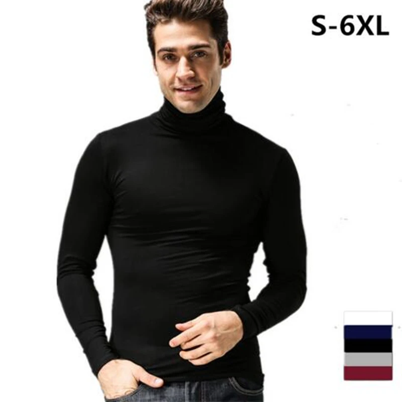 Весна Осень, вязанная Мужская рубашка с воротником-хомутом, Повседневная футболка с длинным рукавом, облегающая футболка размера плюс S-5XL/6XL, черная/белая/серая
