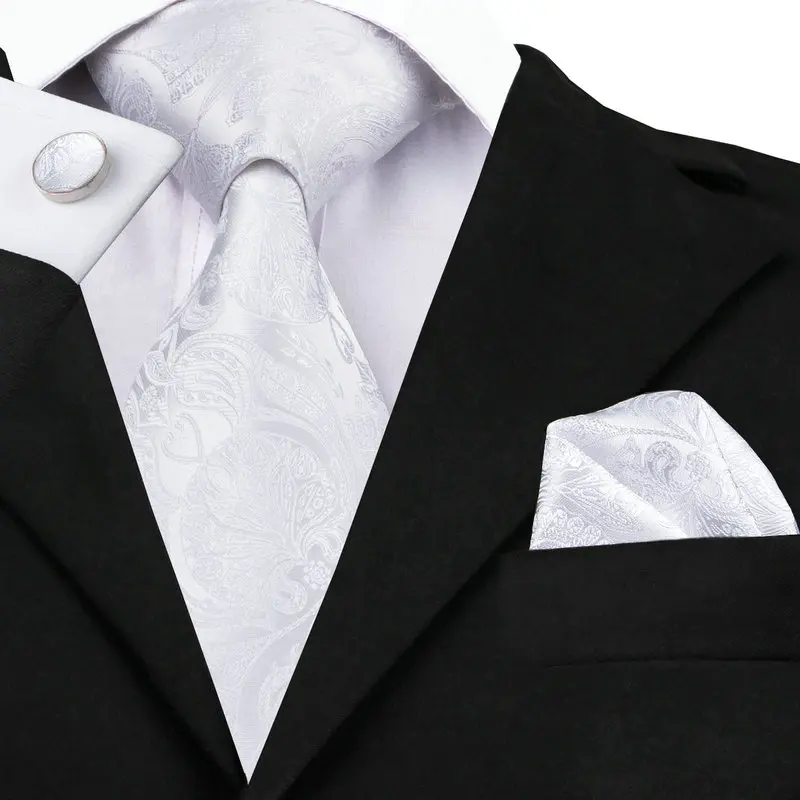 

SN-393 White Casual Wedding Tie Hanky Cufflinks Sets Men's 100% Silk Ties for Men Formal Wedding Party Groom