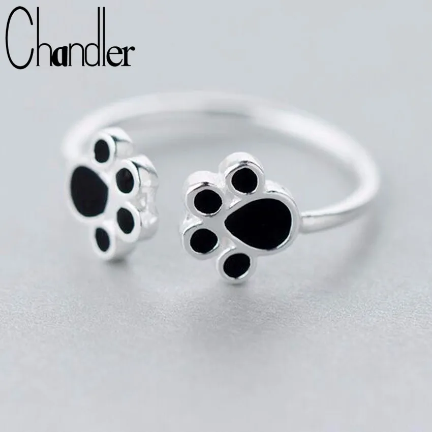 Chandler 1Pcs silver Hot Double Dog Paw Rings New Fashion Cute Animal Cats Paws Black Footprint