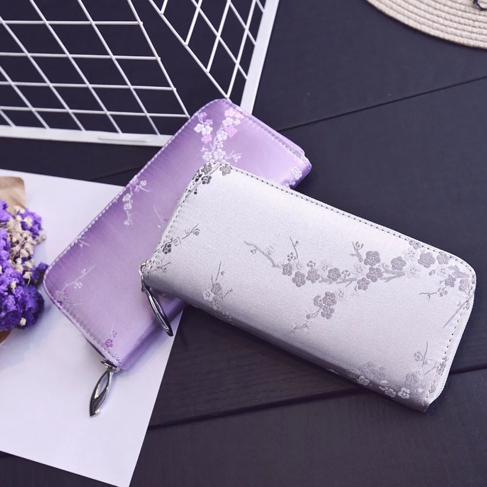 

2017 Women Purse Fashion Leather Money Bag Ladies Clutch Plum Flower Zipper Coin Purse Long Wallet Card Holders Women's Handbags