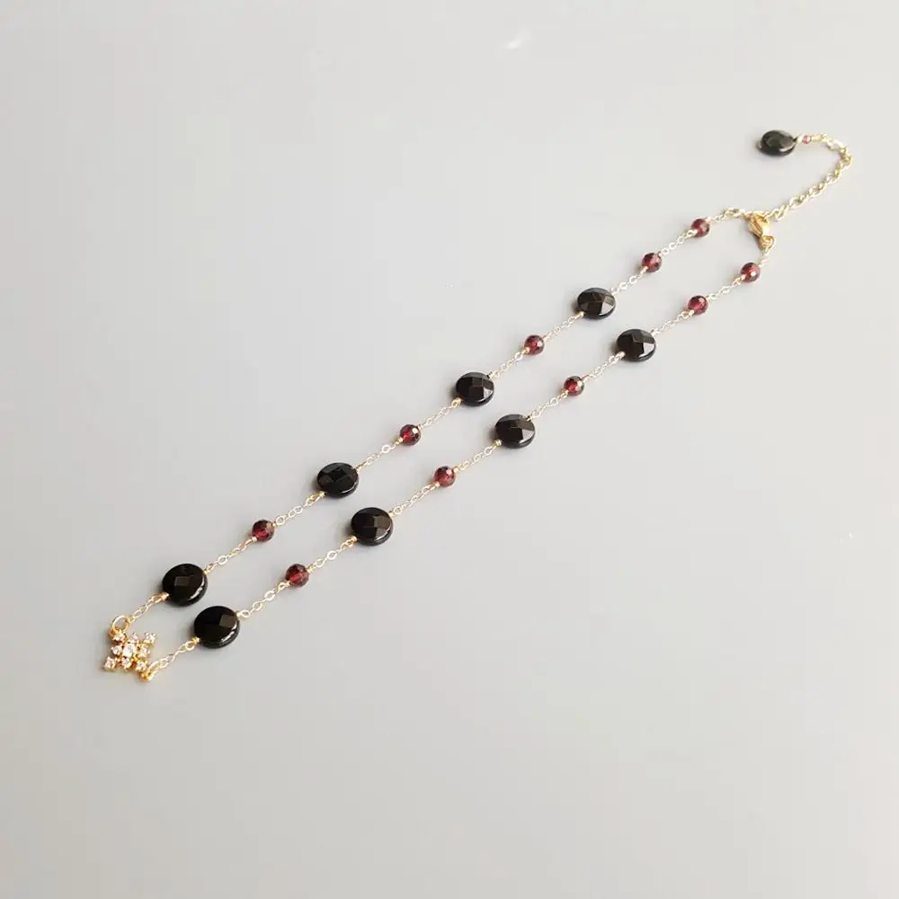 LII Ji натуральный камень черный агат красный гранат, Циркон снежинка Шарм 9K-GF Delicated ожерелье ручной работы 36 см + 5 см