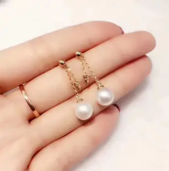 

free shipping gorgeous pair of 10-11mm round white pearl dangle earring yellow gold