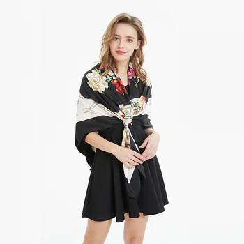 

New Silk Scarf Lady Wreath Black 130cm Twill Silk Imitation Silk Oversized Printed Square Scarf Shawl Pashmina Chiffon Hijab