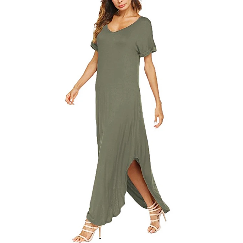 

New Casual Maxi Long Dress Sexy Side Split Party Loose Oversized Women Dresses Solid Short Sleeve Femme Robe Sundress GV828