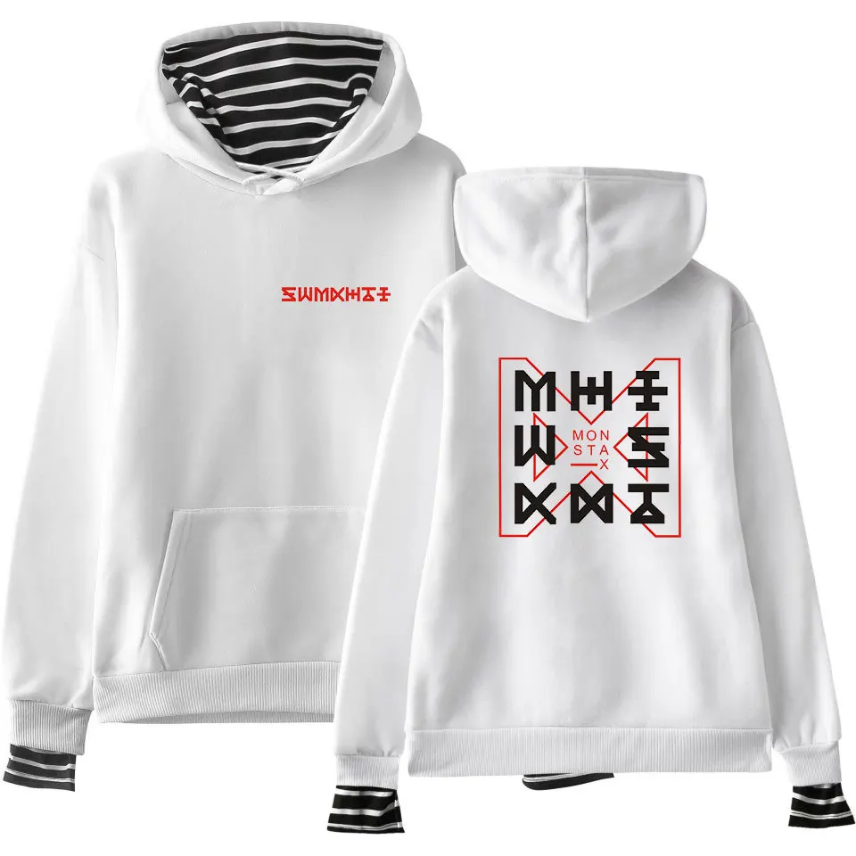  2018 MONSTA X Fake Two Pieces fleece Hoodie Kpop Pullovers Hoodies and Sweatshirts plus size Tops H
