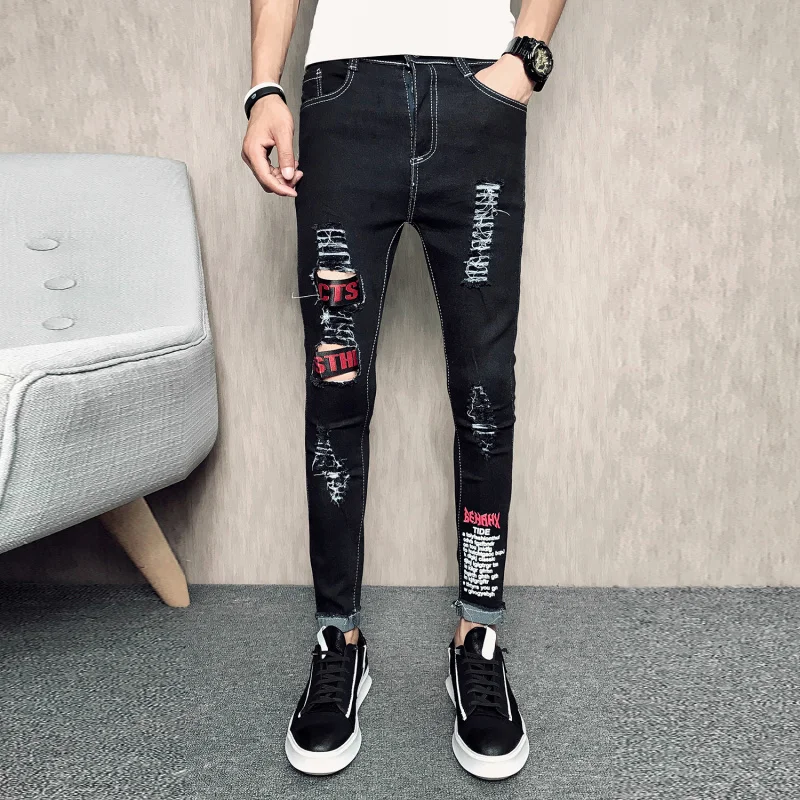 Письмо печати джинсы скинни Для мужчин Ripped Уничтожено Жан Selected Homme Moda Hombre 2018 Pantalon Homme Жан Erkek Жан Pantolon