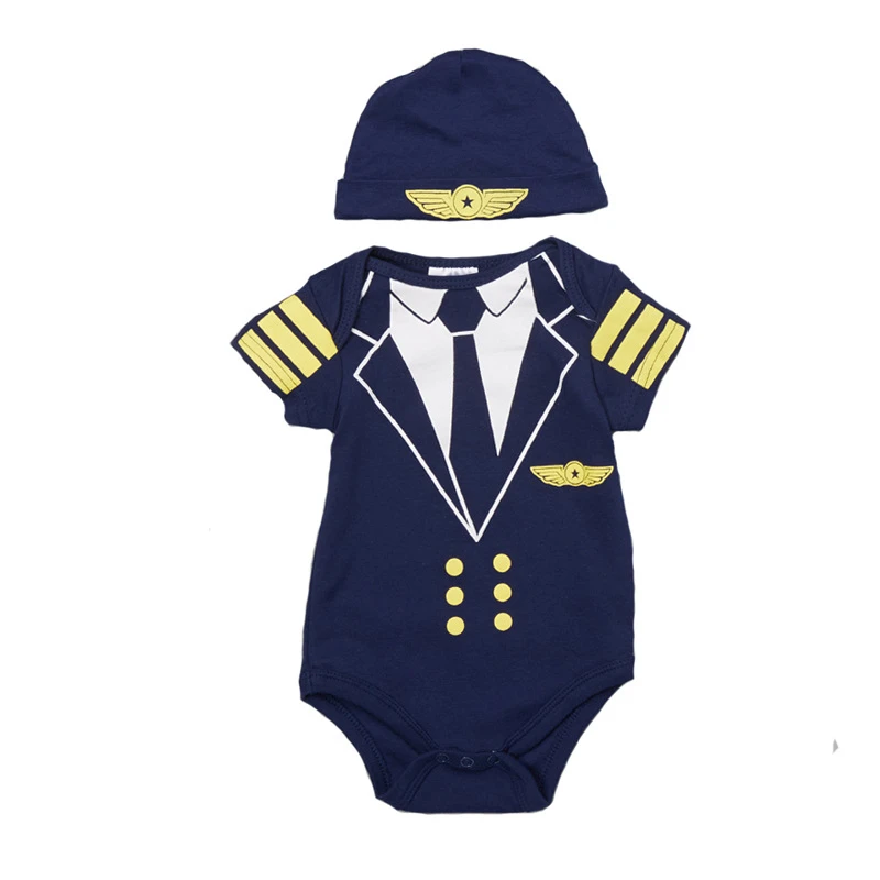 Plane Baby Boys Clothes Sets Captain Bodysuit+Hat Summer Short Sleeve