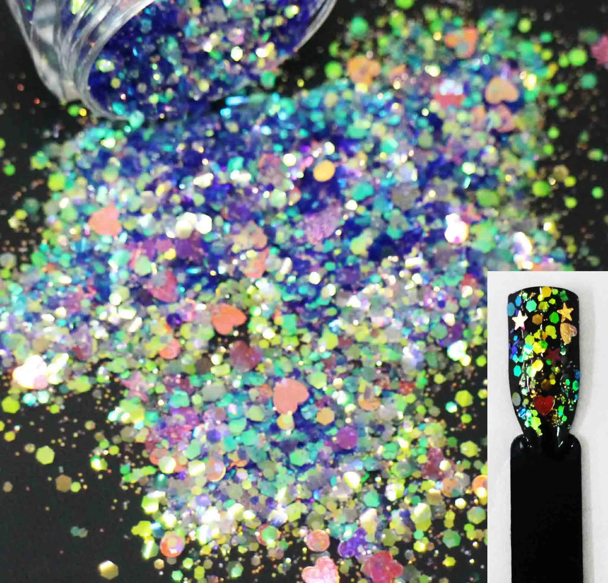 

50g/pack, 12 Colors! Mix Stars/Hearts/Rounds/Hexagons Sequins, Iridescent Rainbow Shining Slices 3D nail art glitters paillettes